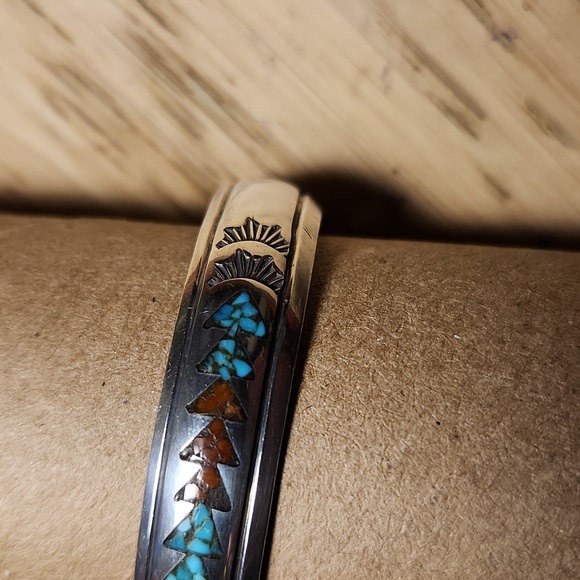 Vintage Nakai Silver Turquise and Coral Inlay Bracelet - Picture 5 of 12